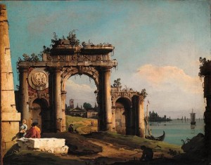 Bernardo Bellotto - Caprice avec un arc de triomphe en ruine au bord de la lagune