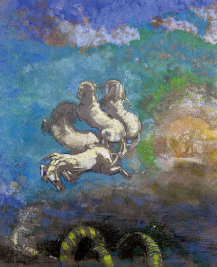 Odilon Redon  Le Char d'Apollon,  vers 1910  Huile et pastel sur toile,  91,5 x 77 cm   Musée d'Orsay, Paris   Photo: © RMN-Grand Palais (Musée d'Orsay) / Hervé Lewandowski Format imprimable:  36 x 30 cm 