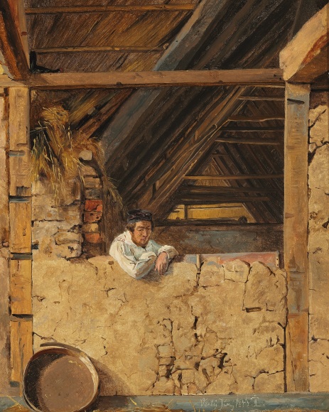 Johan Thomas Lundbye, Peter Christian Skovgaard appuyé contre un muret dans une étable, 1843 (galerie Jean-François Heim)